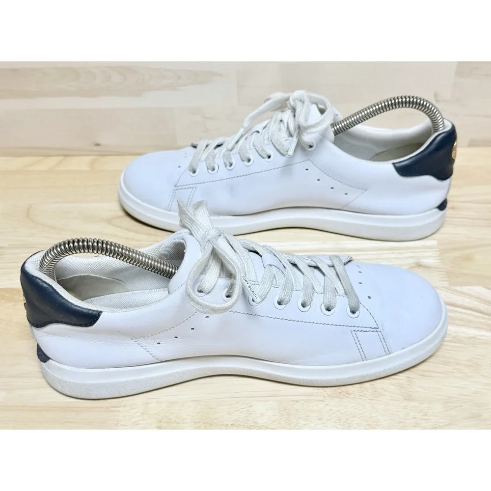 Tory Burch Howell Court Sneakers Womens 8 White Leather Navy Gold Logo 73057